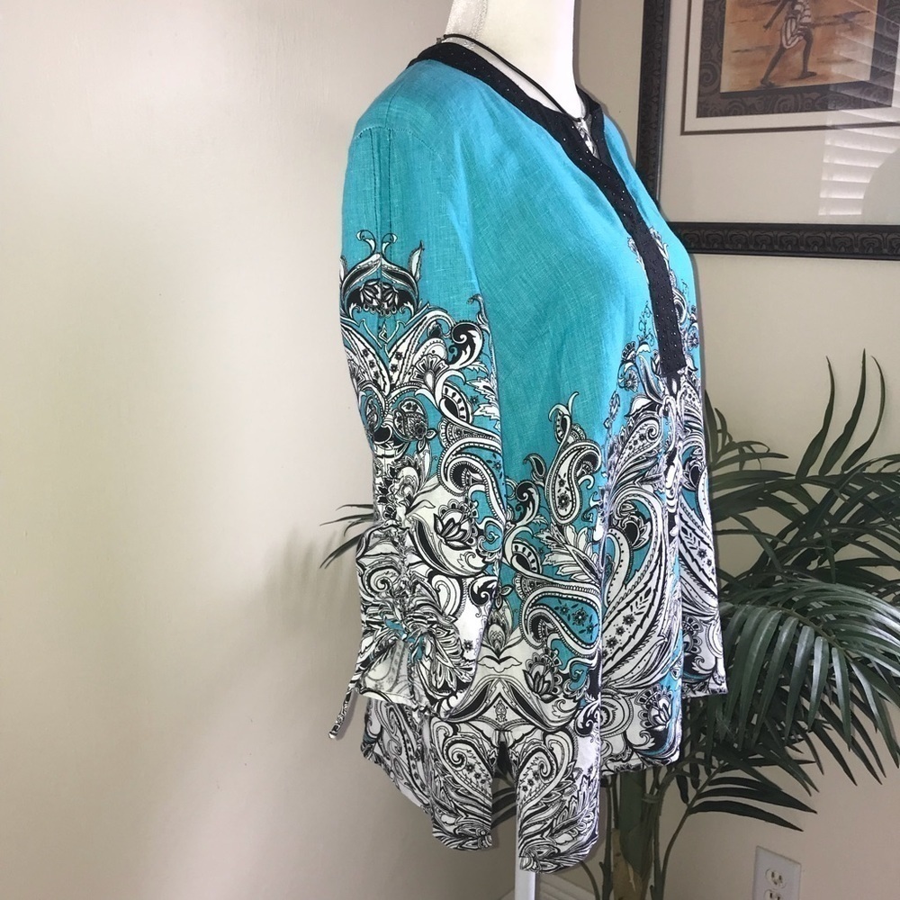 JM Collection Linen 3/4 Drawstring Sleeve Tunic Top M Blue Black White - Picture 4 of 7
